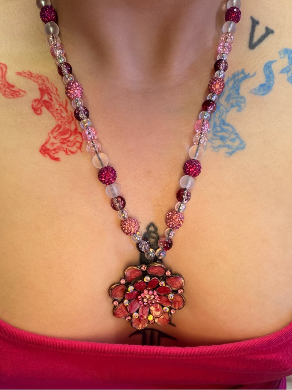Handmade Pink Floral Pendant Beaded Necklace - Women Jewelry